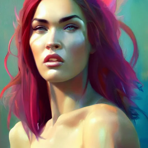 Prompt: megan fox, colorful oil painting by greg rutkowski, charlie bowater, yuumei, yanjun cheng, unreal 5, daz, hyperrealistic, octane render, rpg portrait, dynamic lighting, fantasy art, beautiful face