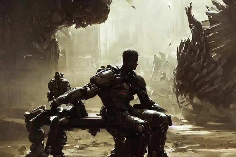 Prompt: an intense battle rages behind an android soldier sitting on a bench, laser blasts, dramatic, he is sad, hunched shoulders, detailed concept art by caravaggio and greg rutkowski and ruan jia and artgerm