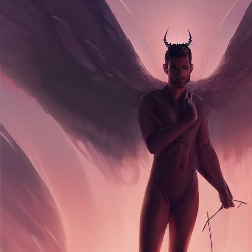 Image similar to Lucifer as an attractive man, 4k digital character design by Artgerm, WLOP, beeple, Hi-Fructose, James Jean, Andrei Riabovitchev, Marc Simonetti, yoshitaka Amano, Artstation, CGsociety