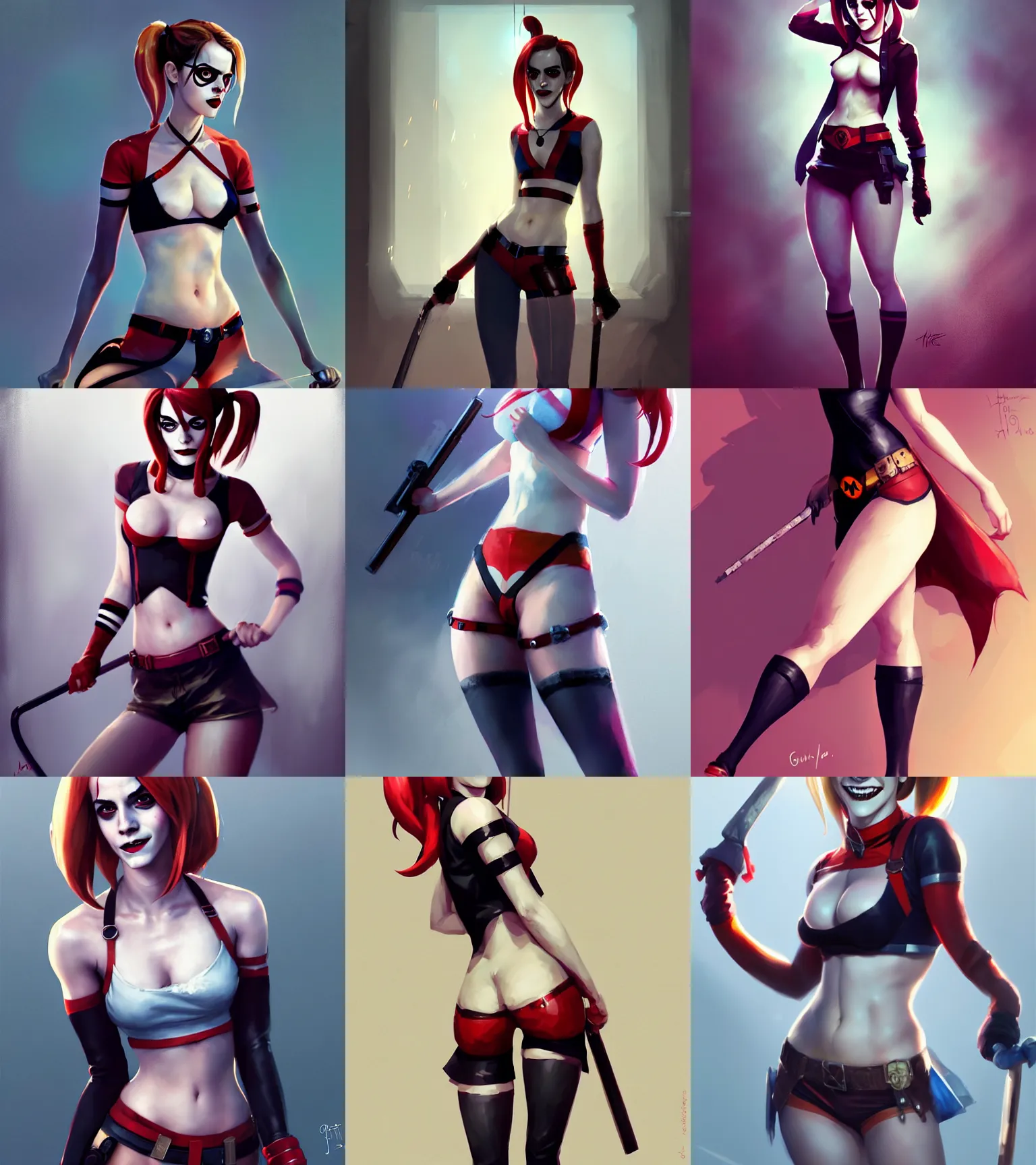 Prompt: attractive Emma Watson as Harley Quinn and Makise Kurisu, hourglass slim figure, full body shot close up, seductive smile, details, sharp focus, illustration, by Jordan Grimmer and greg rutkowski, Trending artstation, pixiv, digital Art