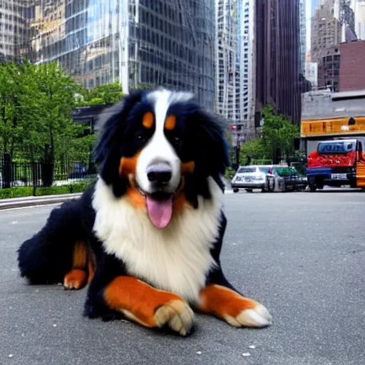 Prompt: 100-foot-tall gigantic Bernese Mountain Dog squeezing between skyscrapers in downtown New York City