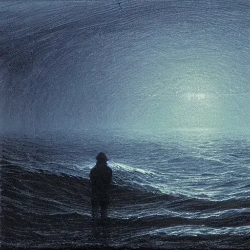 Image similar to small male with long curly hair figure in epic foggy deep sea, expansive view, dozens of thin glowing straight lines extend from ground into the sky, by Caspar David friedrich