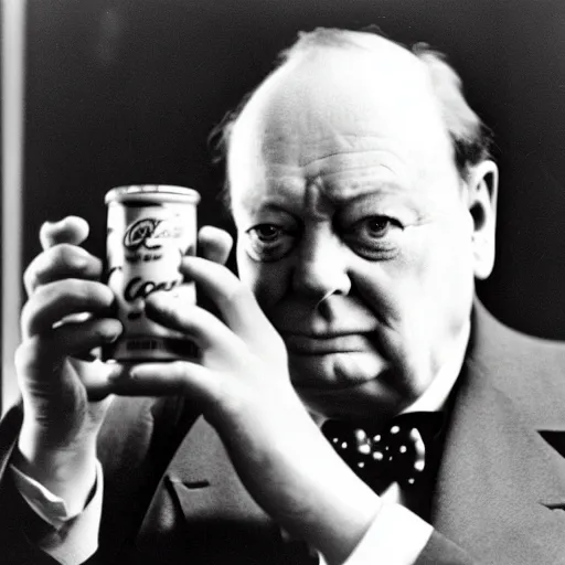 Prompt: Winston Churchill drinking a can of coca cola, profile photograph