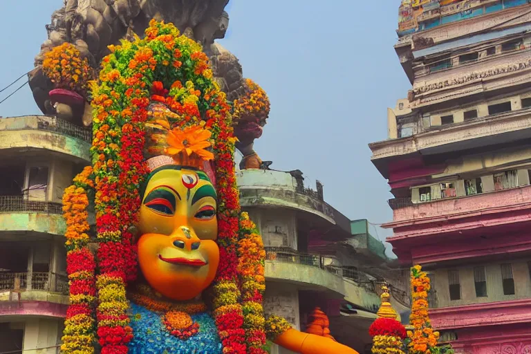 Image similar to high quality 3 d flowerpunk biomorphic hanuman head building in the middle of mumbai!!, kalighat highly detailed, cinematic smooth, stephen shore & john j. park, soft morning light, wide shot, high angle, uhd 8 k, deep focus