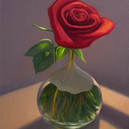 Prompt: The rose is placed in a vase on a windowsill. The light from the window casts a warm, golden glow on the petals of the rose, making them appear illuminated. The colors in the painting are soft and muted, giving the overall impression of a tranquil scene. Trending on artstation, in the style of famous painter.