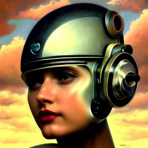 Prompt: portrait of the beautiful young robotic pilot of jets, surreal, fantasy, intricate, mechanical, elegant, dramatic lighting, emotionally evoking symbolic metaphor, highly detailed, gears, lifelike, photorealistic, digital painting, painterly, artstation, concept art, smooth, head in focus, sharp focus, background aerial battle, illustration, art by John Collier and Krenz Cushart and Artem Demura and Alphonse Mucha and Albert Aublet,