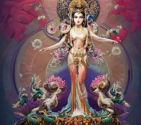 Prompt: breathtaking detailed concept art painting art deco pattern a beautiful devi goddess with shinny skin on sitted on an intricate metal throne, hands pressed together in bow, light - flowers with kind piercing eyes and blend of flowers and pearls, by hsiao - ron cheng and john james audubon, bizarre compositions, exquisite detail, extremely moody lighting, 8 k h 1 0 2 4