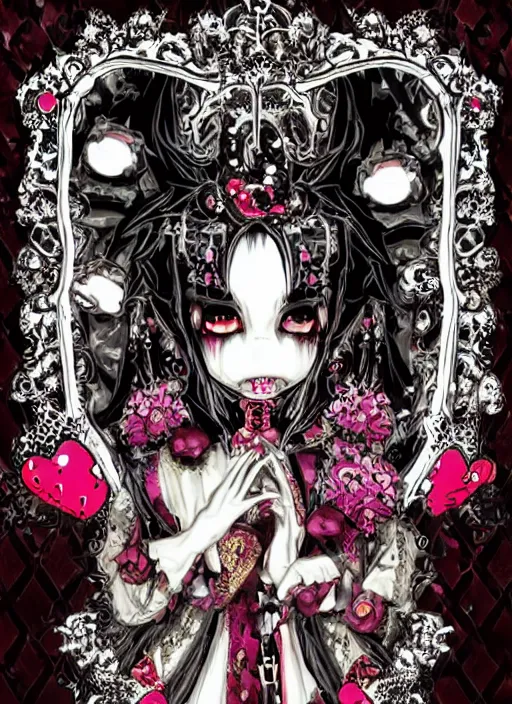 Image similar to baroque bedazzled gothic royalty frames surrounding a pixelsort emo demonic horrorcore japanese yokai doll, low quality sharpened graphics, remastered chromatic aberration spiked korean bloodmoon sigil stars draincore, gothic demon hellfire hexed witchcore aesthetic, dark vhs gothic hearts, neon glyphs spiked with red maroon glitter breakcore art by guro manga artist Shintaro Kago