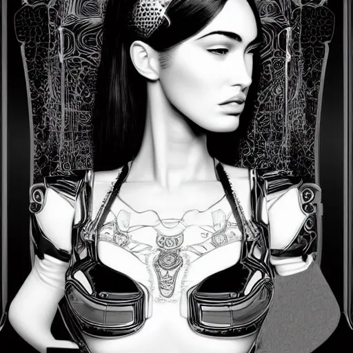 Image similar to the portrait of an elegant, sophisticated, fashionable ottomanpunk robotess idol, an ultrafine illustration of young half arab megan fox mix by kim jisu, intricate linework, neon wiring, fashion, porcelain skin, unreal engine 5 highly rendered, global illumination, radiant light, detailed and intricate environment, by rutkowski, artgerm, marvel comics