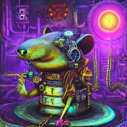 Image similar to steampunk rat, acid, 303, psychedelic, by paul lehr