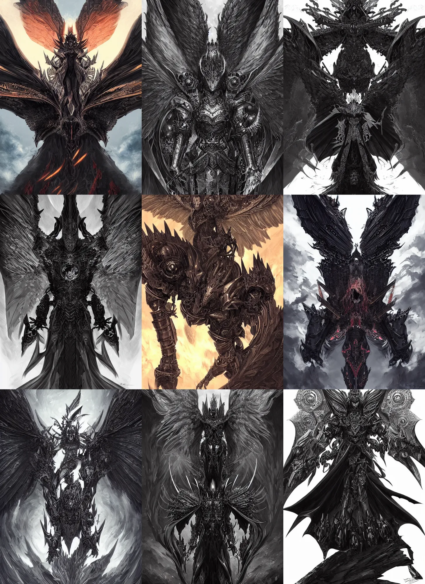 Prompt: portrait of a resurrected black knight, huge symmetric wings, covered in black flames, dark fantasy, hyper detailed, smooth, sharp focus, digital illustration, by frank franzzeta, rossdraws, sakimichan