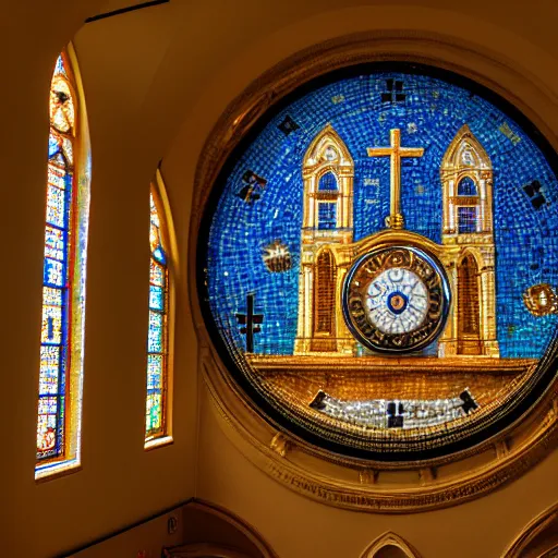 Prompt: a large church with a clock on the top of it, a mosaic by avigdor arikha, trending on unsplash, orphism, photo taken with ektachrome, photo taken with nikon d 7 5 0, photo taken with provia