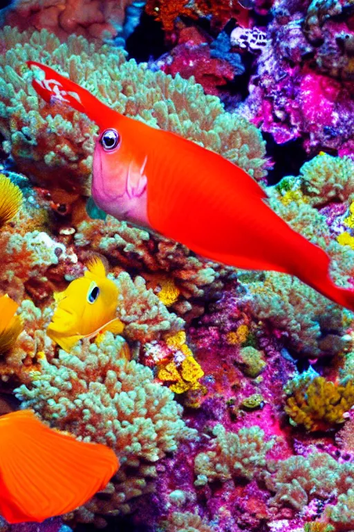 Prompt: a beautiful and colorful fish swimming through a coral in the ocean