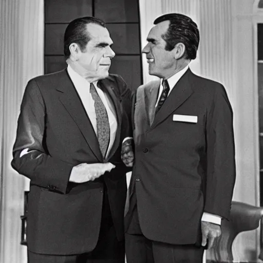 Prompt: President Richard Nixon speaks with Super Mario. White House Photo.