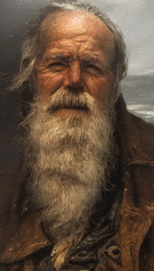 Image similar to Striking portrait of an old weathered sea captain during a storm, oil on canvas, by Richard Foster, by David Cobley, by Anastasia Pollard, highly detailed, dramatic lighting