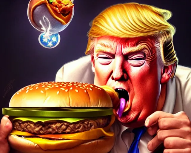 Image similar to donald trump licking a cheeseburger, deep focus, fantasy, intricate, highly detailed, digital painting, artstation, concept art, matte, sharp focus, illustration, hearthstone, art by artgerm and greg rutkowski and alphonse mucha