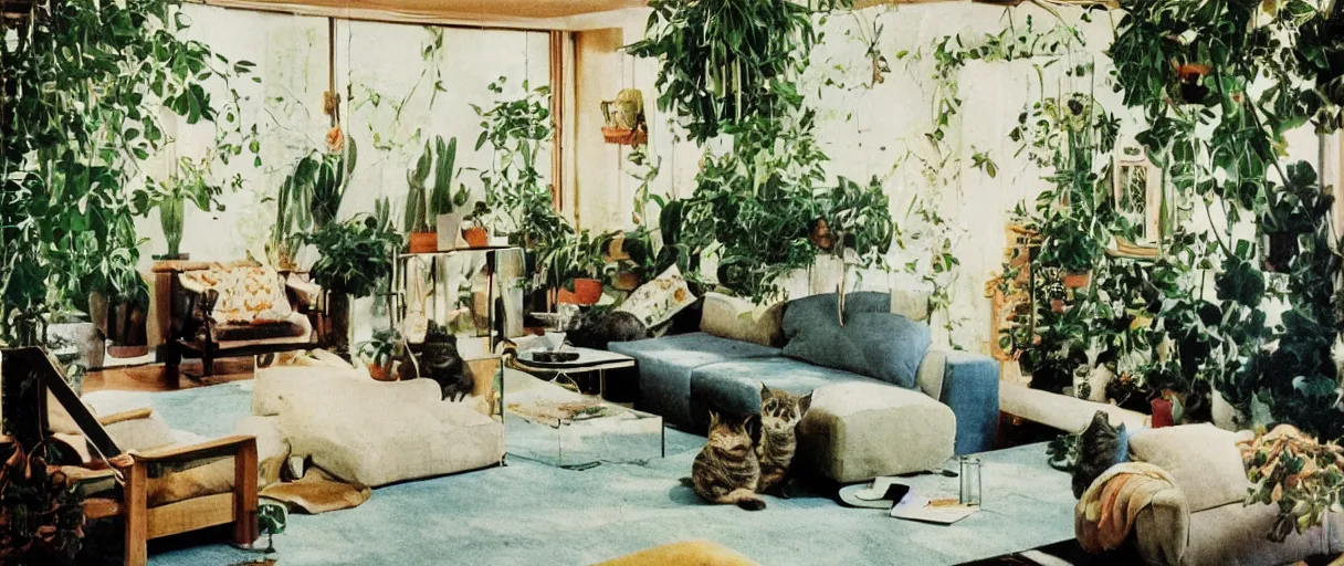 Prompt: 1970s interior design magazine photo of a living room with hanging plants, cacti, slight smoke, couches, boulders, sunfaded, grainy, and a kitten the couch, circular windows, and an a-frame ceiling