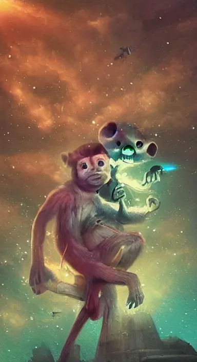 Image similar to “ big eye monkey holding laser gun floating in clouds, digital art, super aesthetic, art station childish style ”