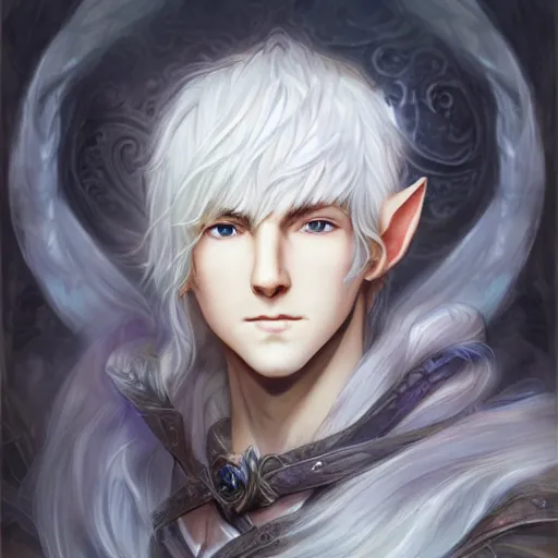 Image similar to a portrait of a handsome elven prince, white fringy hair, backlit, incredible lighting, strong rim light, subsurface scattering, realistic anime, by Heise Jinyao, Heise-Lian Yan Fang, Feimo, Richard Taddei, epic beautiful landscape, highly detailed, god rays, digital painting, HDRI, by marc simonetti, vivid colors, high contrast, 8k resolution, intricate, photorealistic