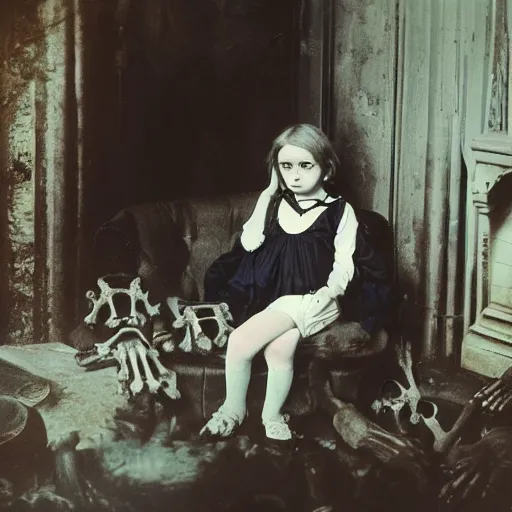 Image similar to a color photo of young sad victorian gothic child with big eyes and wide grin sitting on a sofa of bones surrounded by a cyber futuristic cityscape made of human body parts, 5 0 mm, award winning photography