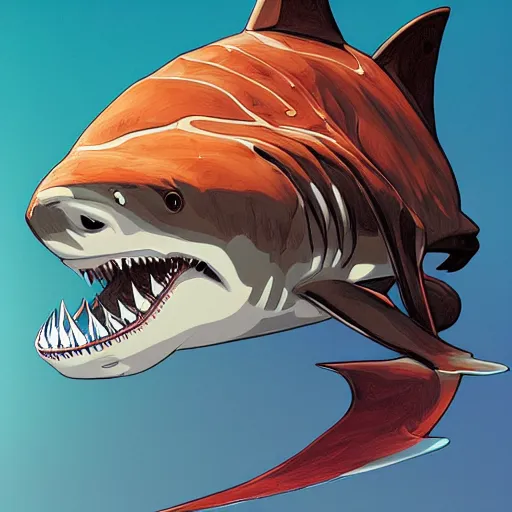 Prompt: great white shark, side view, with a silver and orange striped conical traffic cone construction cone on its dorsal fin, mandala background - ron cheng & alphonse mucha, highly detailed, digital painting, ray tracing, concept art, illustration, smooth sharp focus, intricate, symmetry, artstation,