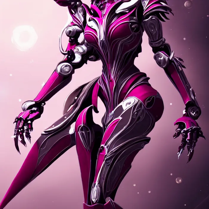 Image similar to highly detailed exquisite fanart, of a beautiful female warframe, but as an anthropomorphic robot dragon, shiny white silver armor engraved, Fuchsia skin beneath the armor, sharp claws, long tail, robot dragon hands and feet, elegant pose, close-up shot, full body shot, epic cinematic shot, professional digital art, high end digital art, singular, realistic, DeviantArt, artstation, Furaffinity, 8k HD render