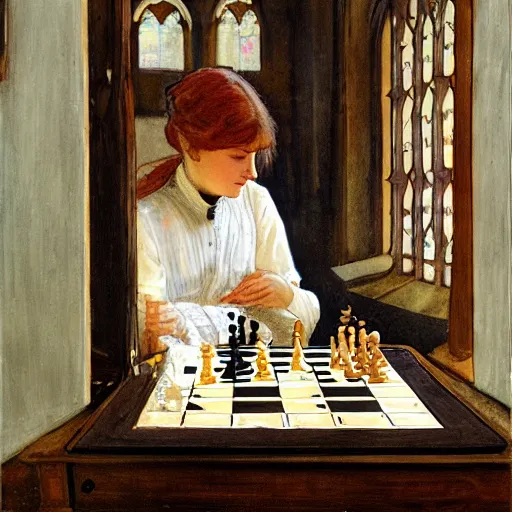 Prompt: a young edwardian woman playing chess against a rabbit inside a church in the style of Carl Larsson