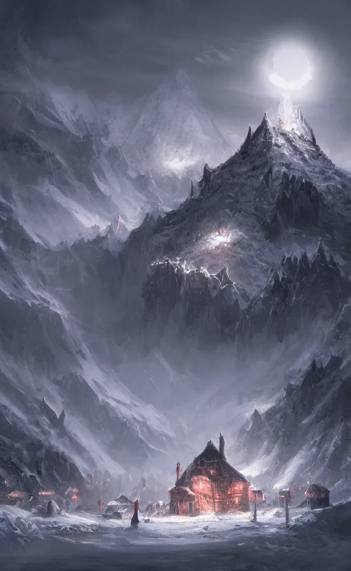 Prompt: dark fantasy concept art of a snow mountain with a small village on it at night, dynamic lighting, ambient lighting, atmospherical, stunning visuals, creative, cinematic, ultra detailed trending on art station, 8k quality, lonely vibe
