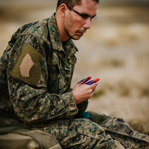 Image similar to portrait of a man wearing camuflage, army clothing, he ‘ s sitting in the desert eating some colorful crayons, beautiful composition, 5 0 mm f 1. 8, ambient light