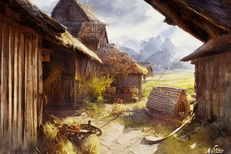 Image similar to paint brush strokes, abstract watercolor painting of rustic village house, medieval straw roof, scandinavian viking age, ambient lighting, art by hans dahl, by jesper ejsing, art by anders zorn, wonderful masterpiece by greg rutkowski, cinematic light, american romanticism by greg manchess, creation by tyler edlin