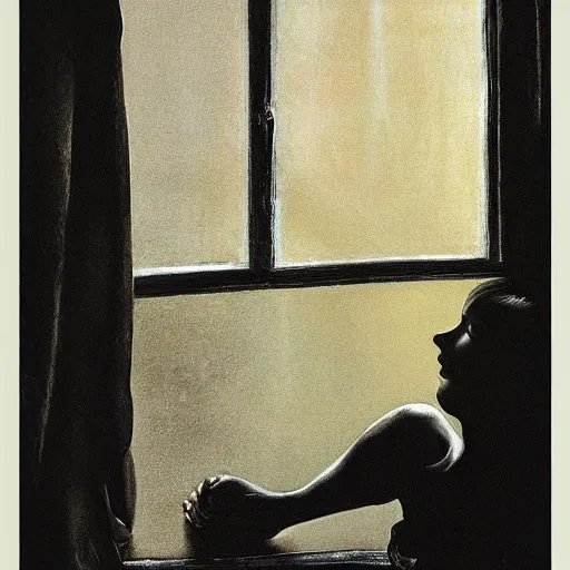 Prompt: silhouette of a woman gazing out her window at the rain, extremely detailed masterpiece, oil on canvas, somber, in the world of Andrew Wyeth, artstation, by J. C. Leyendecker and Peter Paul Rubens,