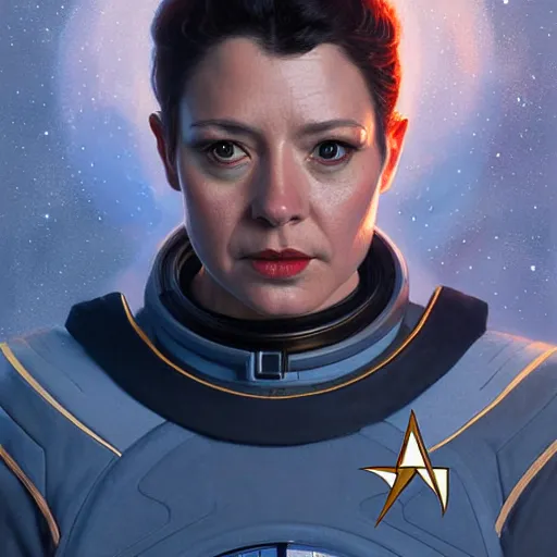 Image similar to UHD Photorealistic Felline-human hybrid Starfleet Officer wearing a spacesuit with hyperrealistic, correct details, cosmic dynamic lighting, symmetrical face, accurate face, in the style of art nouveau by Greg Rutkowski