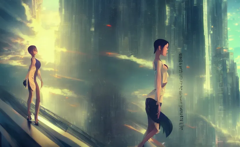 Image similar to beautiful Vietnamese woman, sci-fi fashion, buzz cut hair, scene of a city, dramatic light, wide angle, dramatic pose, dramatic angle , 8k hdr pixiv by Makoto Shinkai and Wojtek Fus