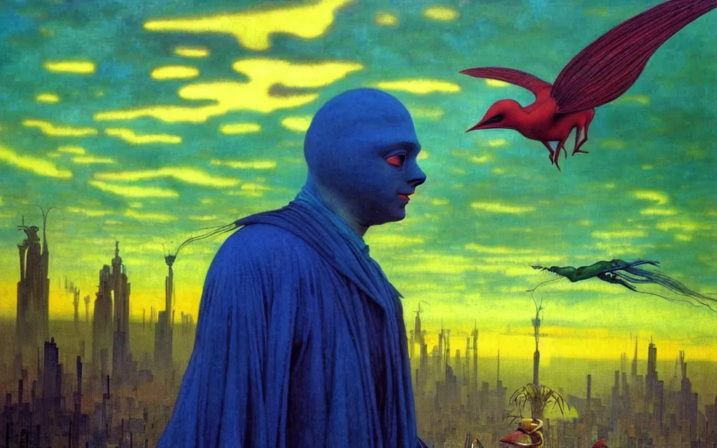 Prompt: realistic detailed portrait movie shot of a birdman wearing green robes, futuristic city sunset landscape background by denis villeneuve, yves tanguy, alphonse mucha, ernst haeckel, max ernst, roger dean, masterpiece, rich moody colours, ethereal, occult, blue eyes