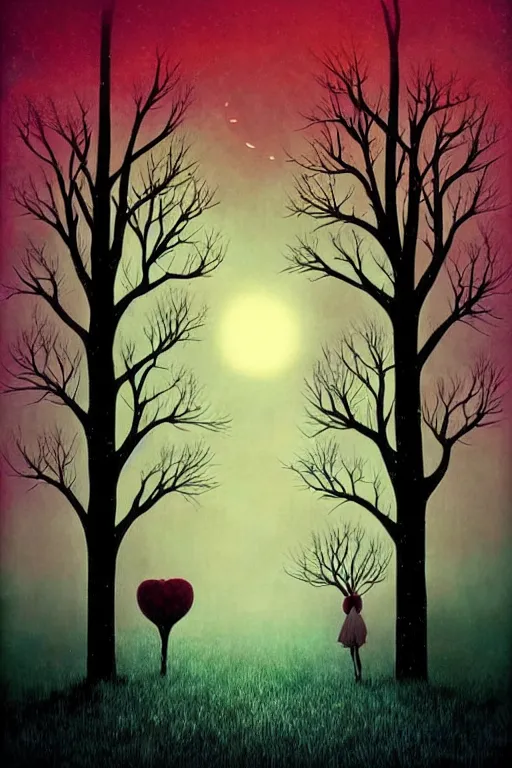 Image similar to surreal, fantasy, fairytale animals, apple tree, haunted woods in silhouettes, by andy kehoe