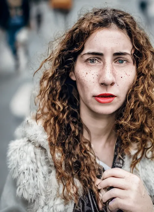 Image similar to Mid-shot portrait of a beautiful 30-year-old woman from Moldova, with freckles and wavy hair, candid street portrait in the style of Mario Testino award winning, Sony a7R