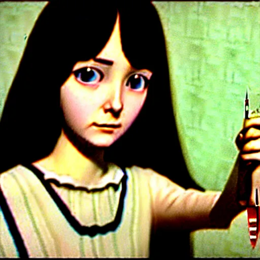 Image similar to 1971 still from a film of a portrait of a morbid 18 year old young woman wearing a dress of the soft aesthetic with wavy long hair, queen of sharp razorblades holds a single small sharp blade or a razor her hand and shows it to the user, by Range Murata, Katsuhiro Otomo, Yoshitaka Amano.