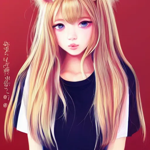 Image similar to realistic beautiful gorgeous natural cute Blackpink Lalisa Manoban blonde hair cute fur blonde cat ears in t shirt outfit golden eyes artwork drawn full HD 4K highest quality in artstyle by professional artists WLOP, Taejune Kim, Guweiz, ArtGerm on Artstation Pixiv