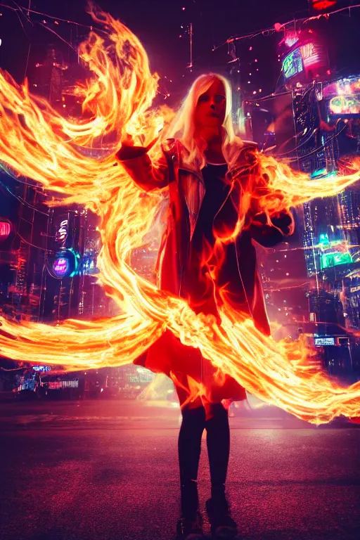 Image similar to young blonde woman with flames dancing on her hands with a long jacket in a cyberpunk city, realistic, high definition, 4K, shimmering color, epic digital art