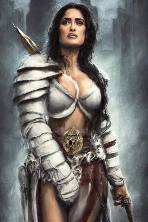 Image similar to portrait, Salma Hayek as a barbarian , dressed in torn white leather and high heeled boots , face portrait, raphael lacoste, eddie mendoza, alex ross, concept art, matte painting, highly detailed, rule of thirds, dynamic lighting, cinematic, detailed, denoised, centred