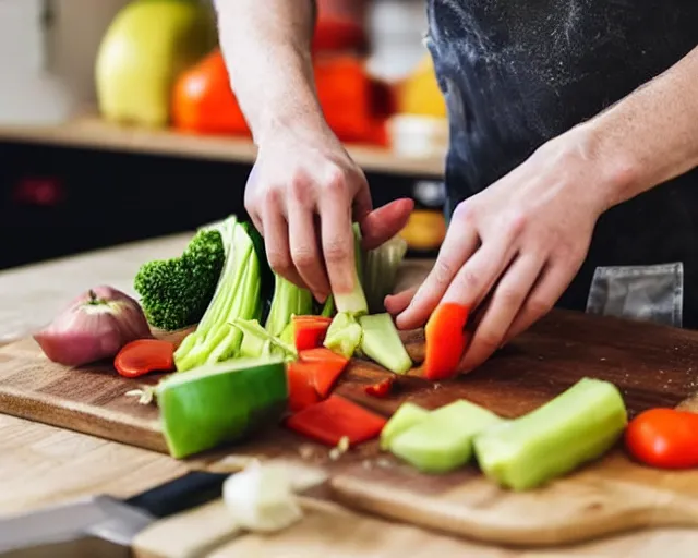 Image similar to ( 9 0 degrees fov, first person point of view )!!!!! of me!!!!! chopping vegetables on a chopping board