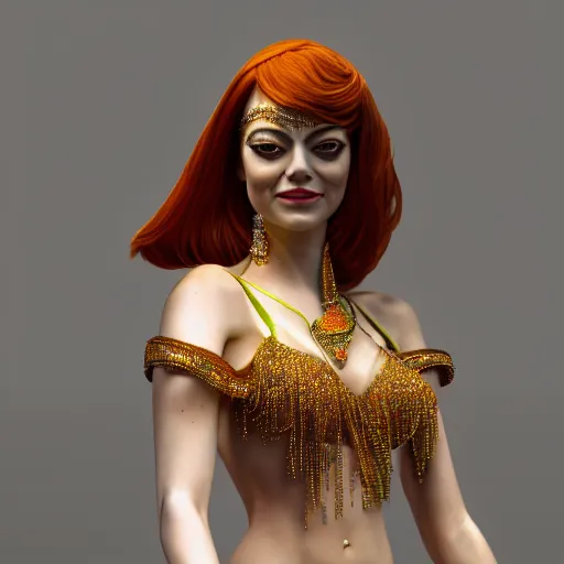 Image similar to a close up portrait of emma stone, she is dressed as a belly dancer,, arabian night, in focus sharp face with fine details, anatomically correct hands by albrecht durer, volumetric lightening, octane render, high quality, fully detailed, 4 k, alphonse mucha, masterpiece, stunning