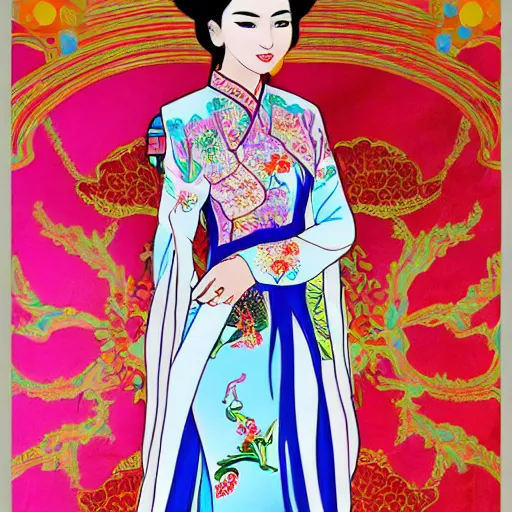 Prompt: silk painting of beautiful vietnamese princess wearing vietnamese ao dai, 2 d game art, character design, in the style of nguyen phan chanh and lam manh