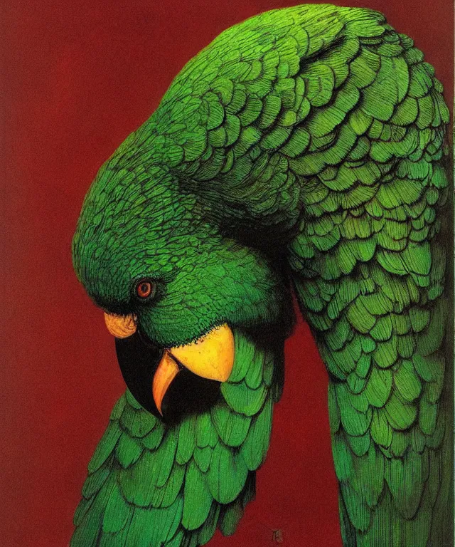 Prompt: beautiful emerald green parrot with red aura and eyes, by zdzisław beksinski, by gustave dore