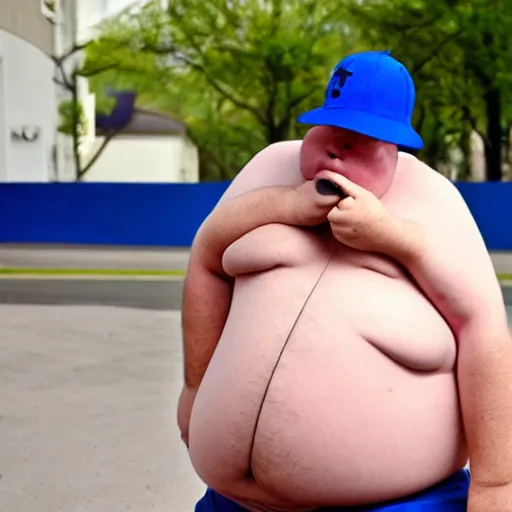 Image similar to crying obese man wearing a blue cap with a P on it