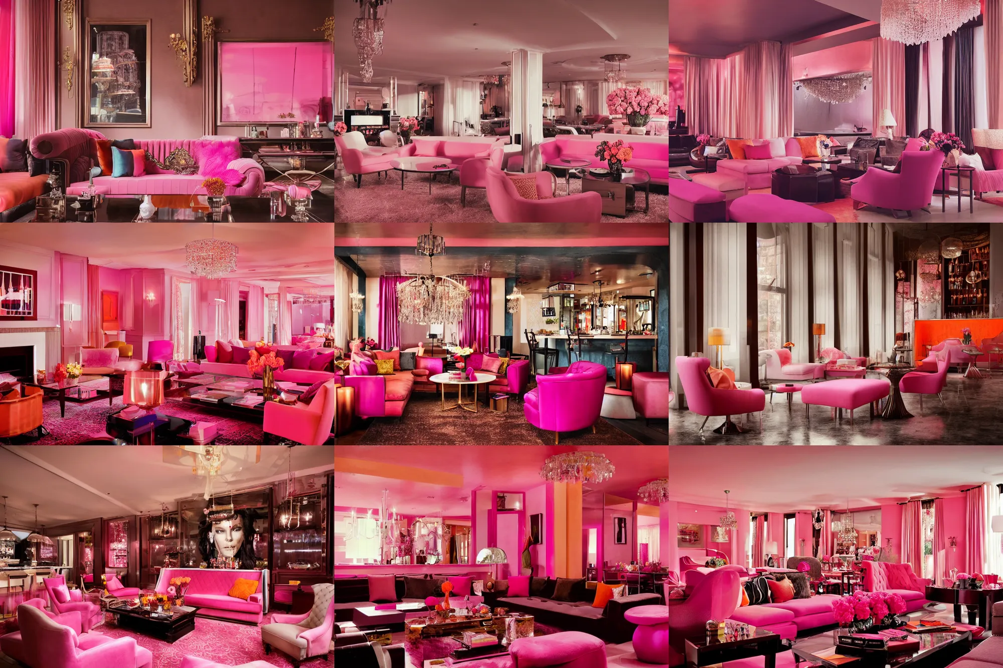 Prompt: kate beckinsale sit in cinematic interior establishing shot of a 7 0's living room, pink and orange, conversation pit, cocktail bar, party, artificial light, moody, evening atmosphere, interior design details