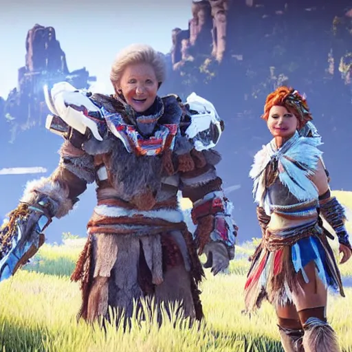 Image similar to film still of Betty White as Aloy in Horizon Zero Dawn