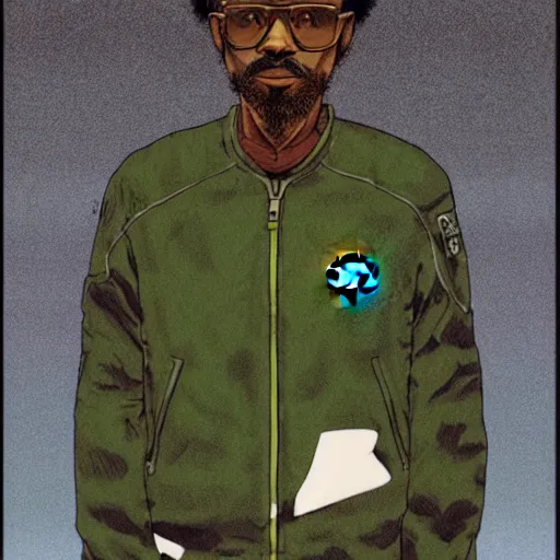 Image similar to illustration by katsuhiro otomo, black man with afro hair, raspy beard stubble, wearing an adidas army green jacket, in the streets of tokyo, akira style, by katsuhiro otomo