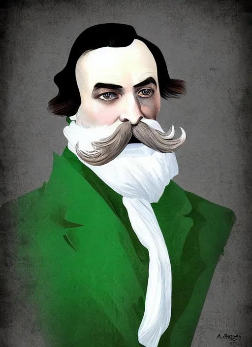 Image similar to an old french baron, long hair, wear an elegant mustach, white scarf, green shirt, by artgem, digital art, highly detailled