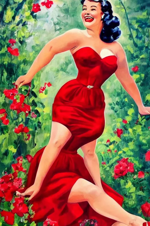 Image similar to a portrait of a beautifull woman, wearing a red dress,with a beautifull smile,a garden background.in american style pin up.anatomically correct